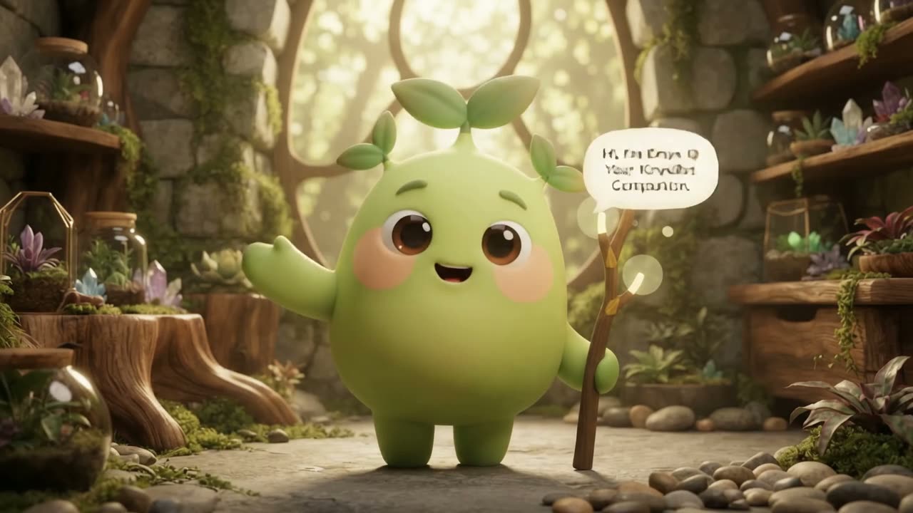 Kinya, a cheerful green companion with leaf-like sprouts
